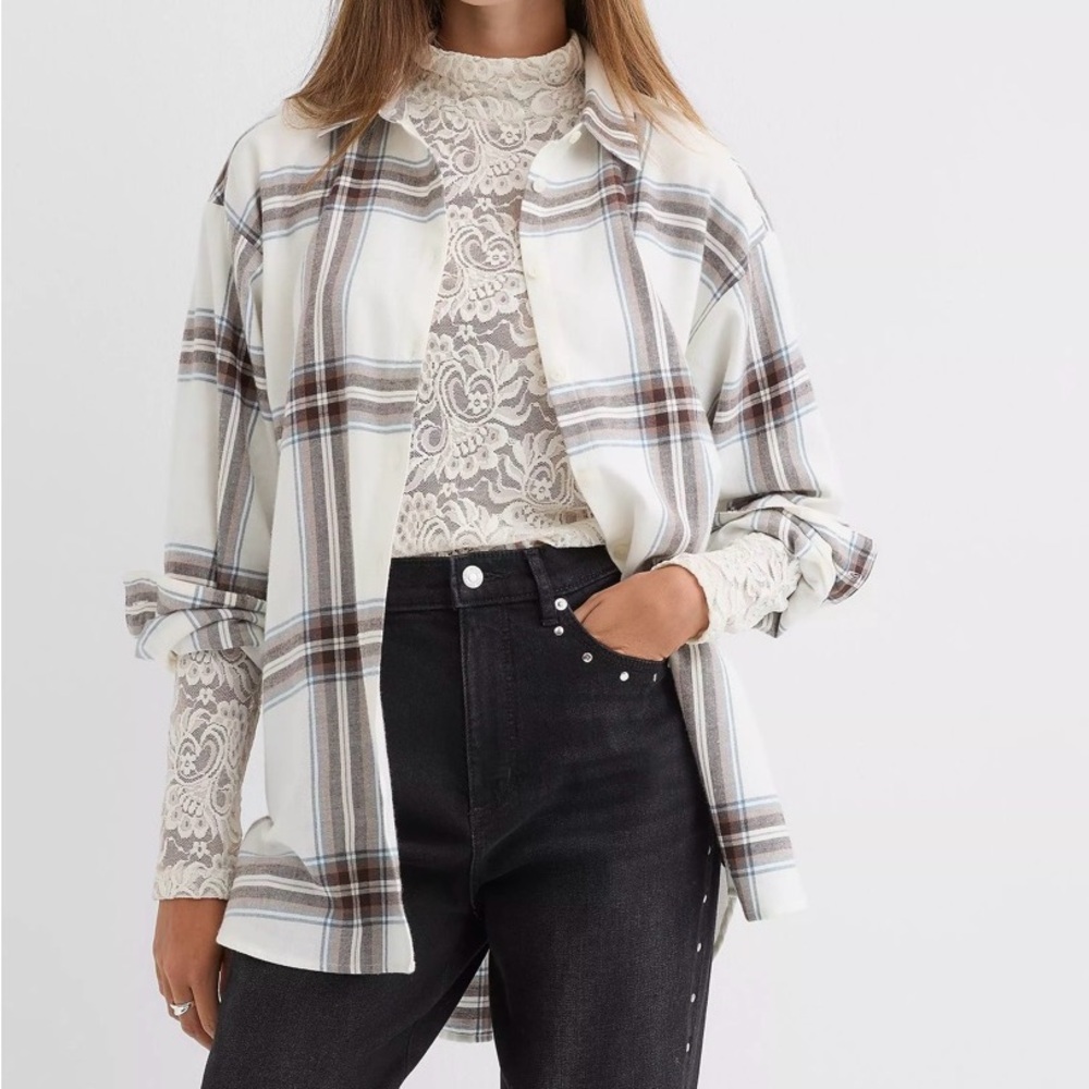 LOFT Plaid Flannel Everyday Oversized Tunic Shirt Size Small